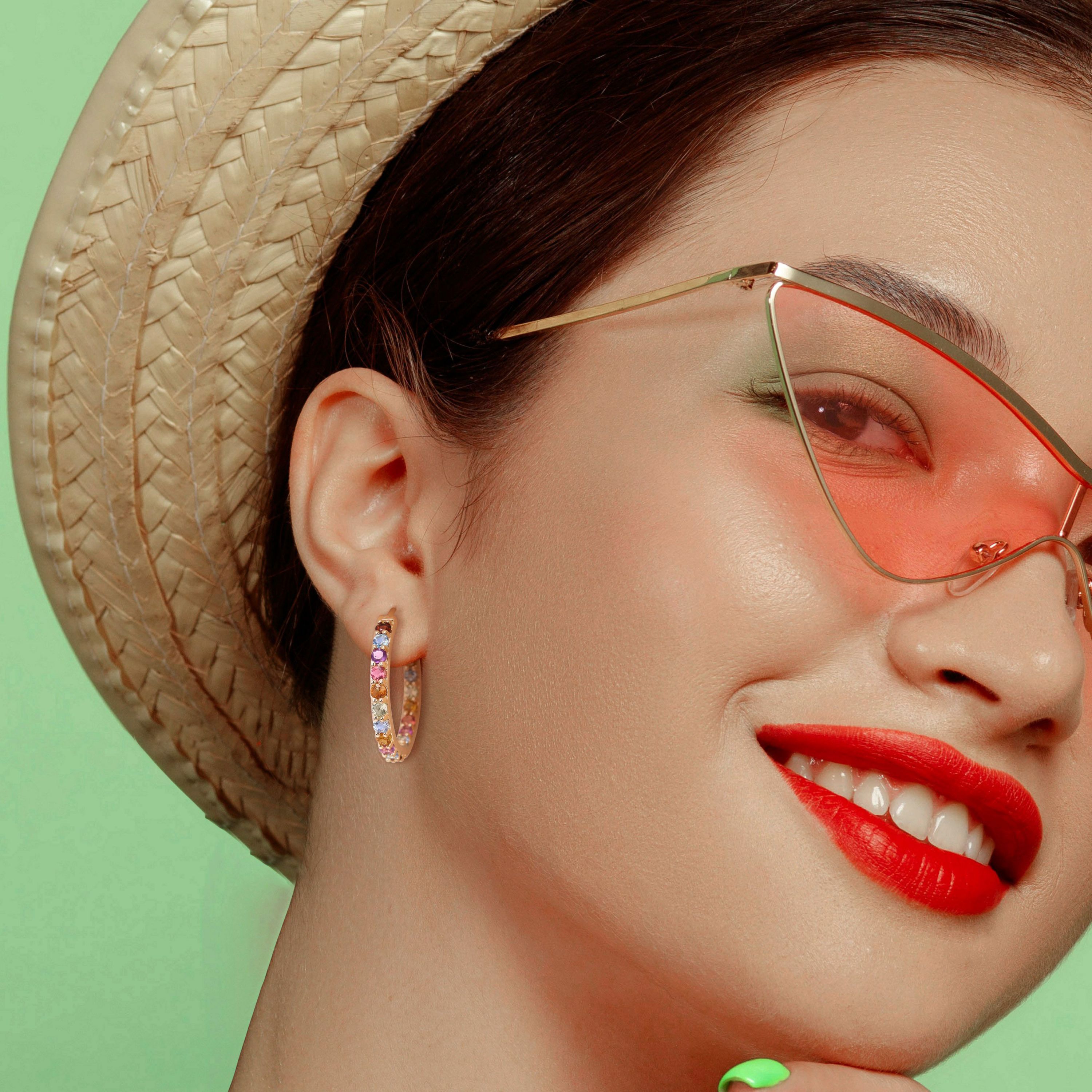 Multi-Gemstones Hoop Earrings in Yellow Plated Sterling Silver