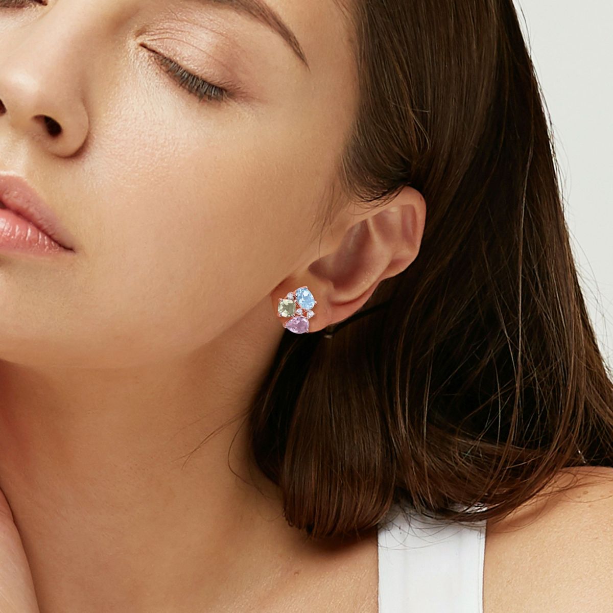 Multi-Gemstones Stud Earrings in Rose Plated Sterling Silver