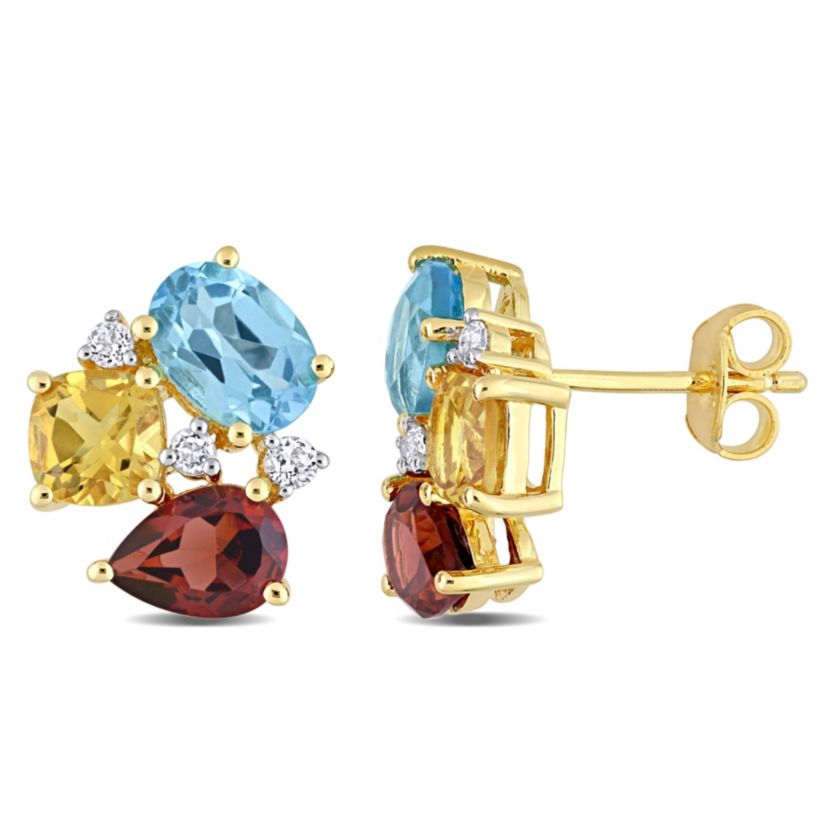 Multi-Gemstones Stud Earrings in Yellow Plated Sterling Silver