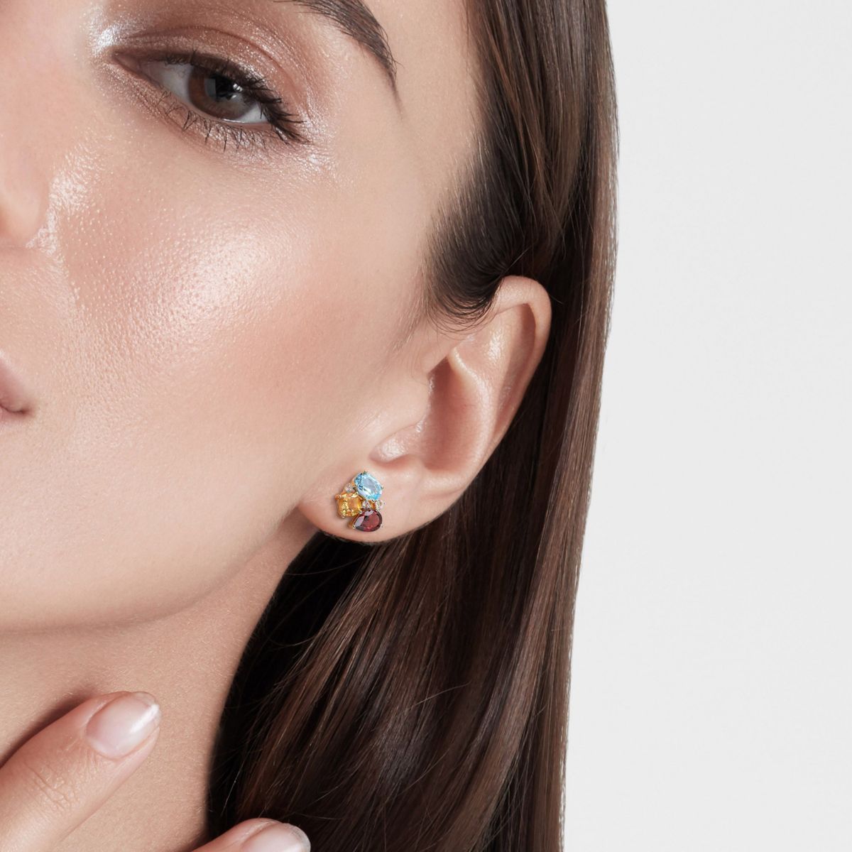 Multi-Gemstones Stud Earrings in Yellow Plated Sterling Silver