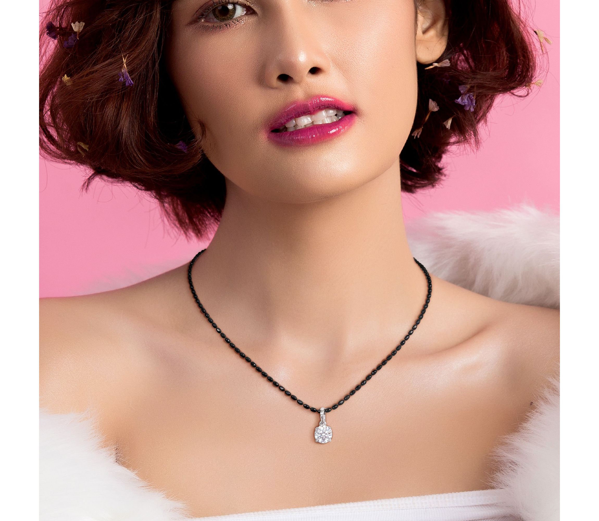 Lab Created Created White Moissanite Pendant with Diamond Cut Chain in Sterling Silver with Black Rhodium Plated