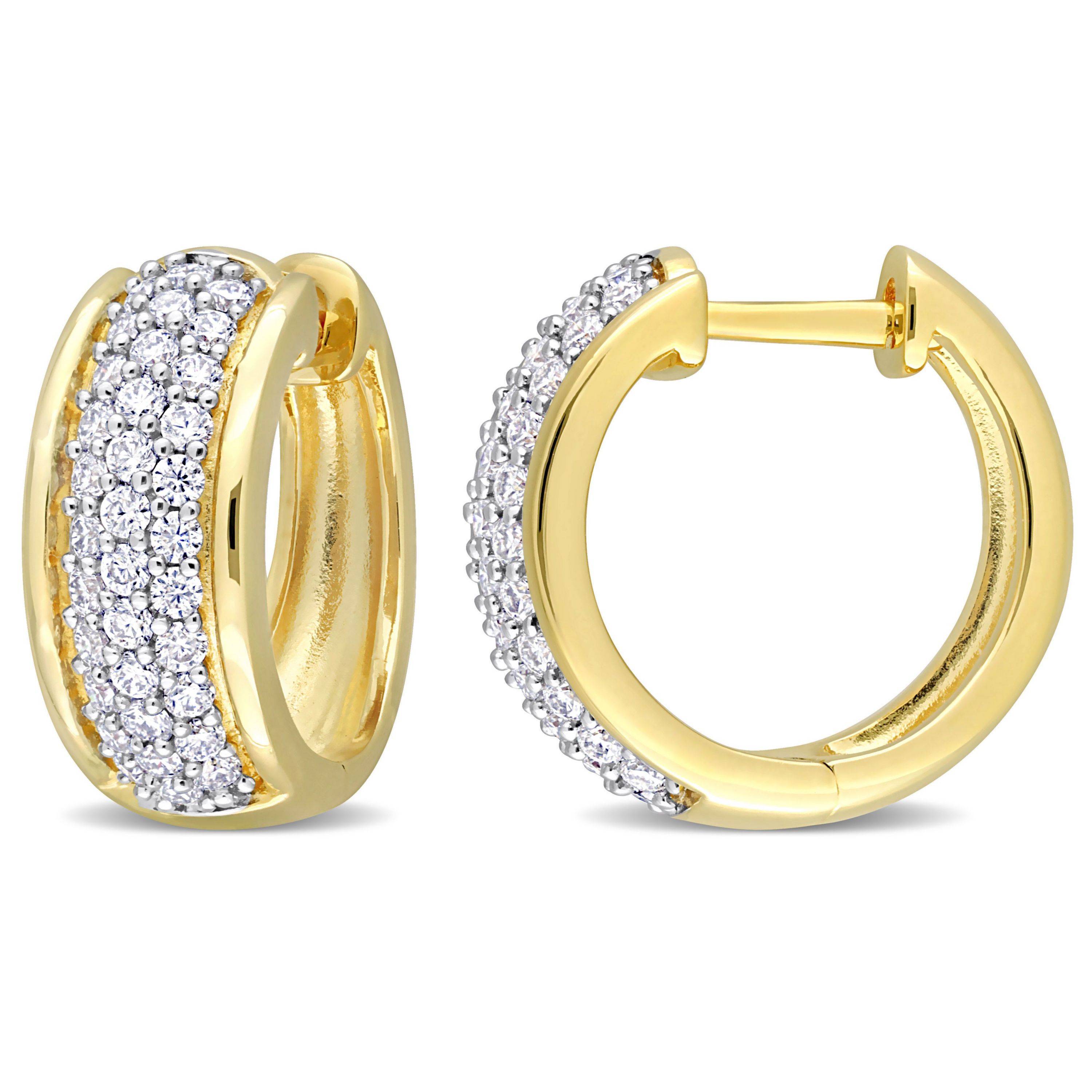 Lab Created Created White Moissanite Hoop Earrings in Yellow Plated Sterling Silver