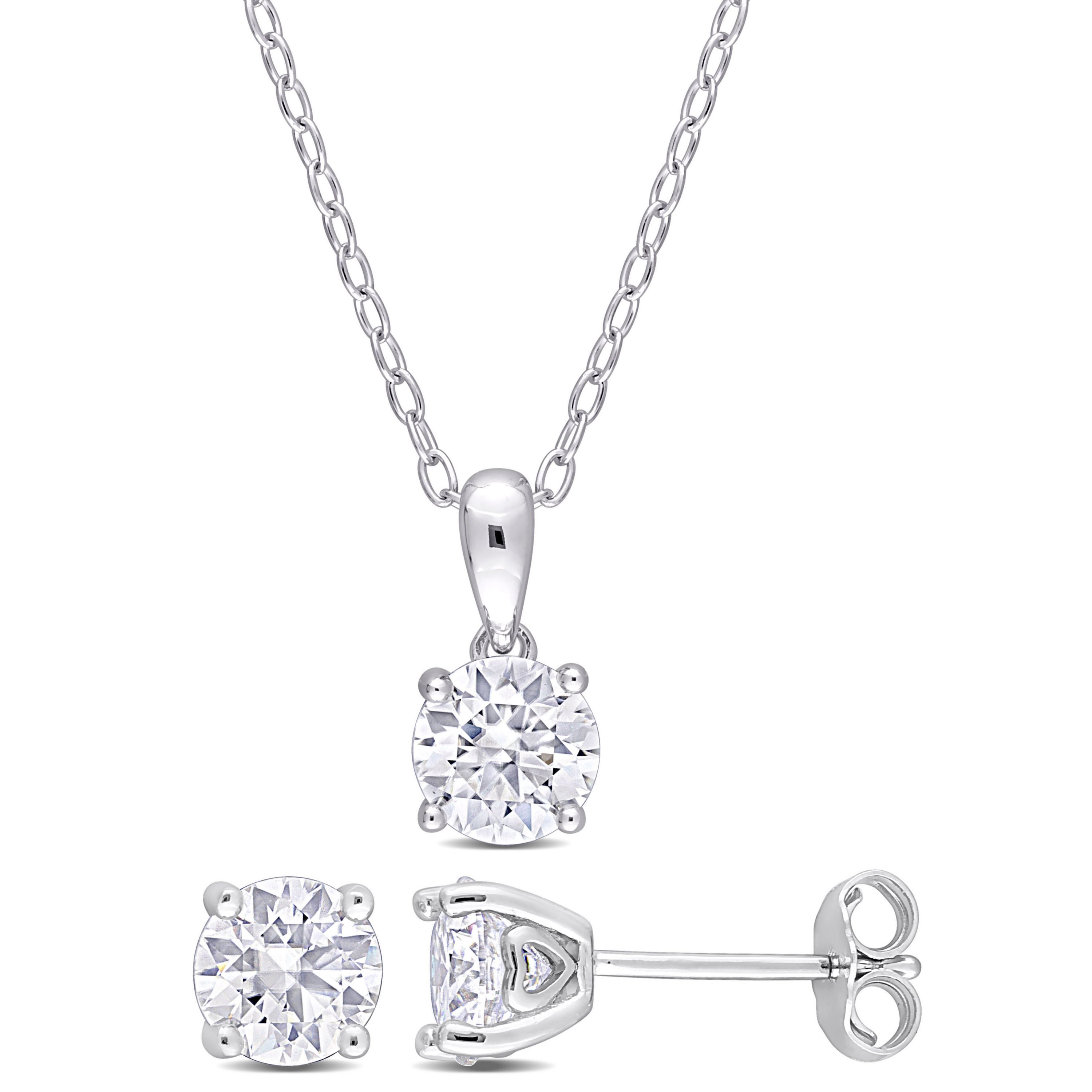 Lab Created 2 Piece Set of Created White Moissanite Stud Earrings & Pendant with Chain in Sterling Silver