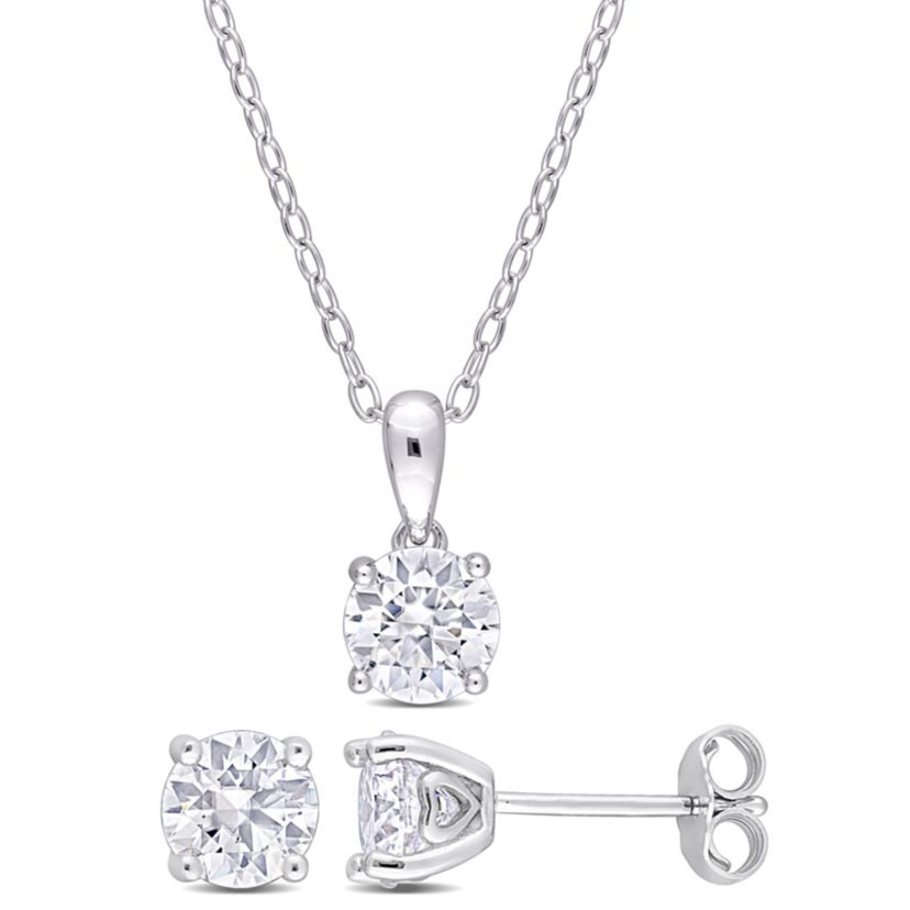 Lab Created 2 Piece Set of Created White Moissanite Stud Earrings & Pendant with Chain in Sterling Silver