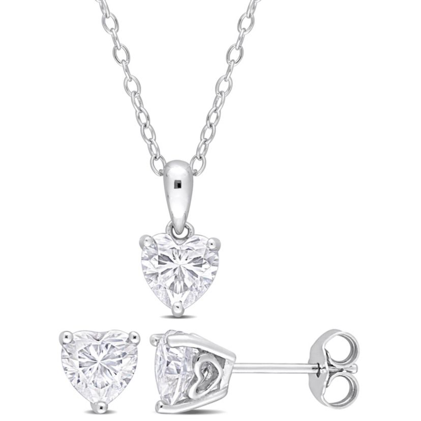 Lab Created 2 Piece Set of Created White Moissanite Heart Stud Earrings & Pendant with Chain in Sterling Silver