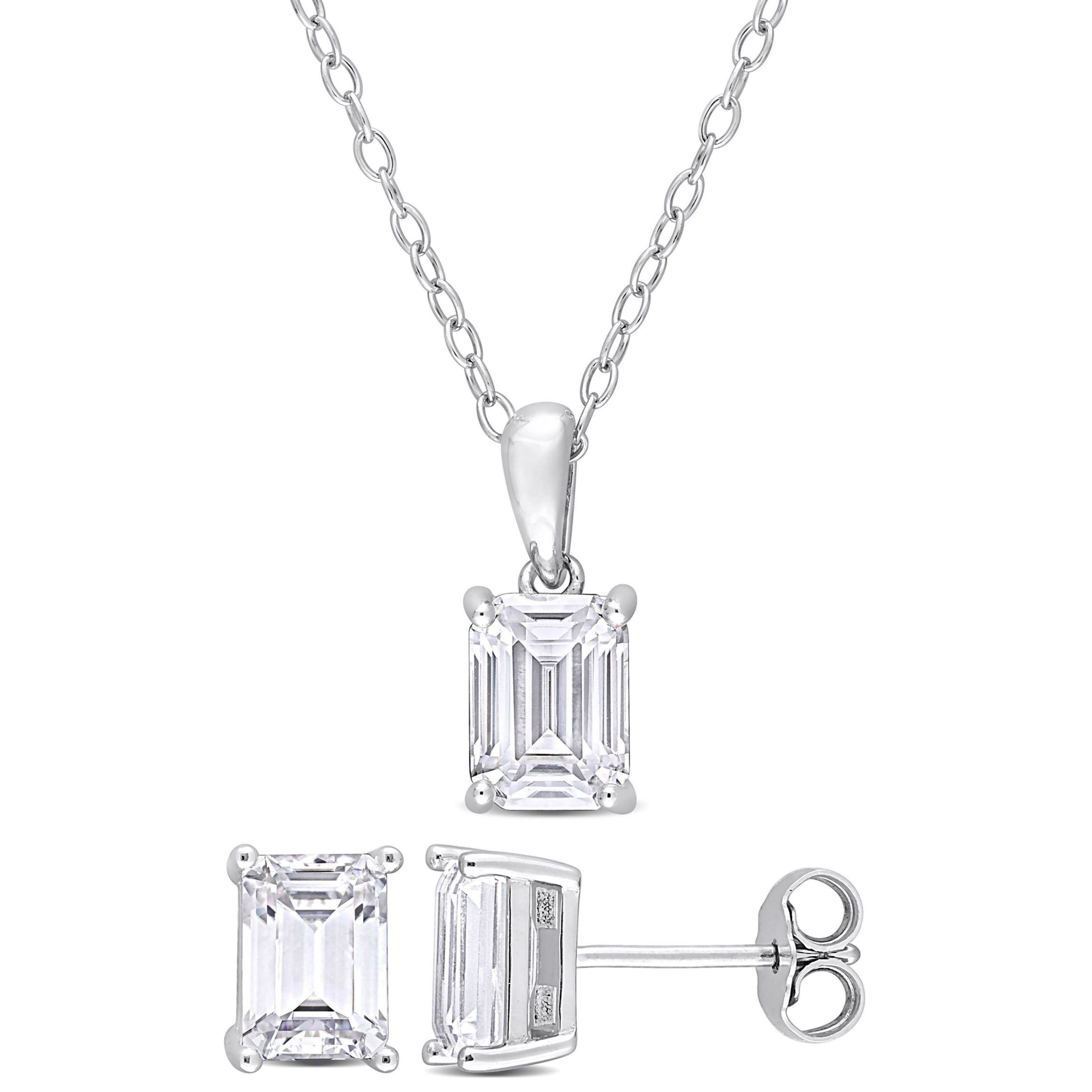 Lab Created 2 Piece Set of Created White Moissanite Stud Earrings & Pendant with Chain in Sterling Silver