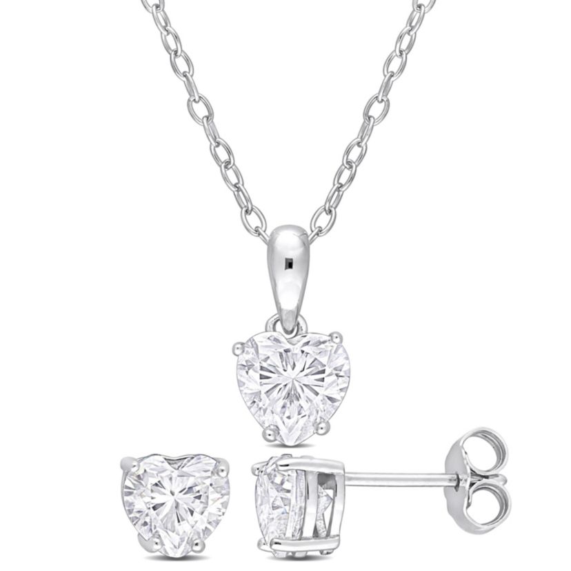 Lab Created 2 Piece Set of Created White Moissanite Heart Earrings & Pendant with Chain in Sterling Silver
