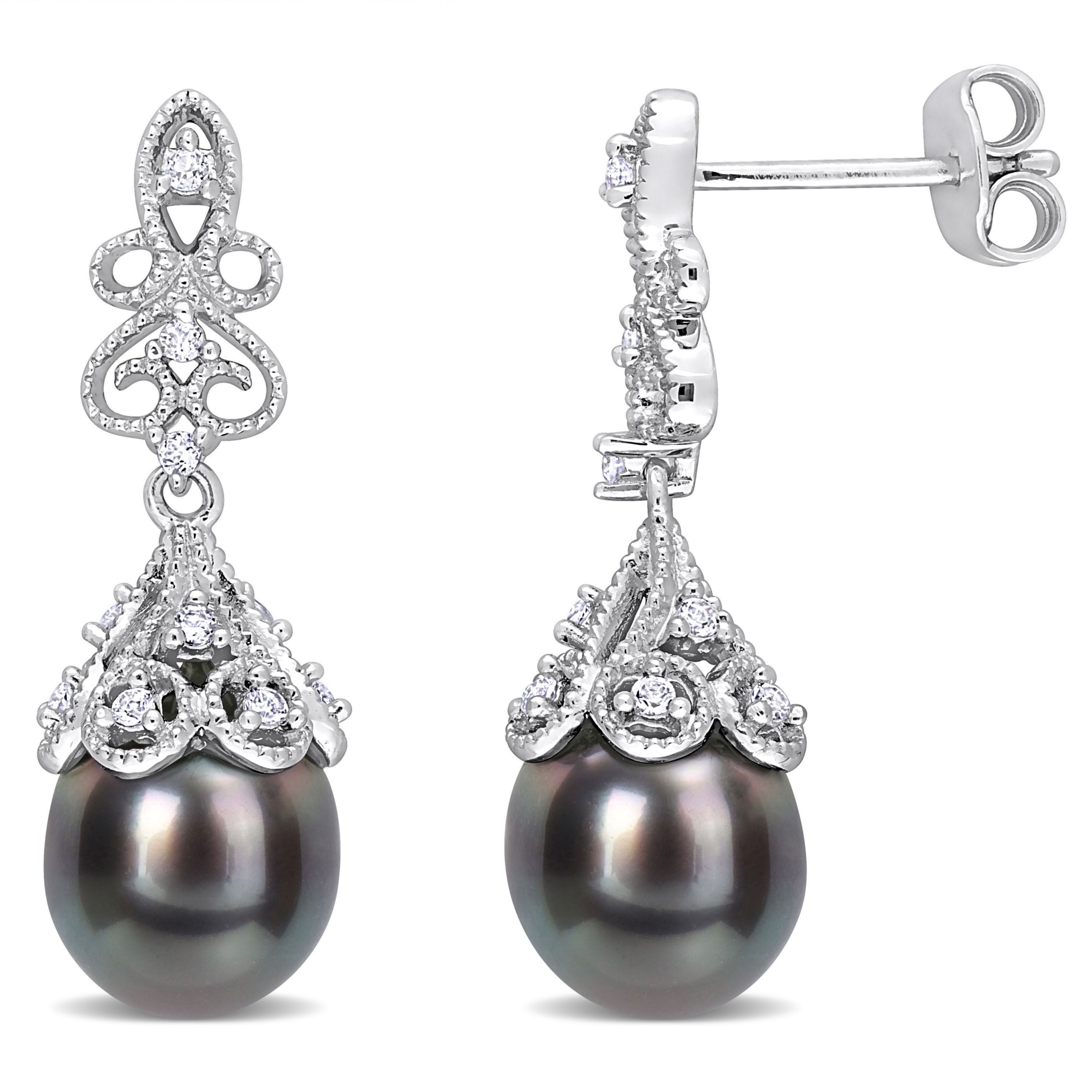 Black Tahitian Cultured Pearl and White Topaz Post Earrings in Sterling Silver