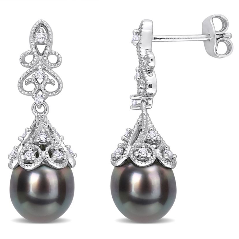 Black Tahitian Cultured Pearl and White Topaz Post Earrings in Sterling Silver