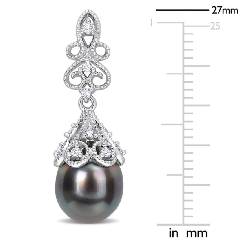 Black Tahitian Cultured Pearl and White Topaz Post Earrings in Sterling Silver