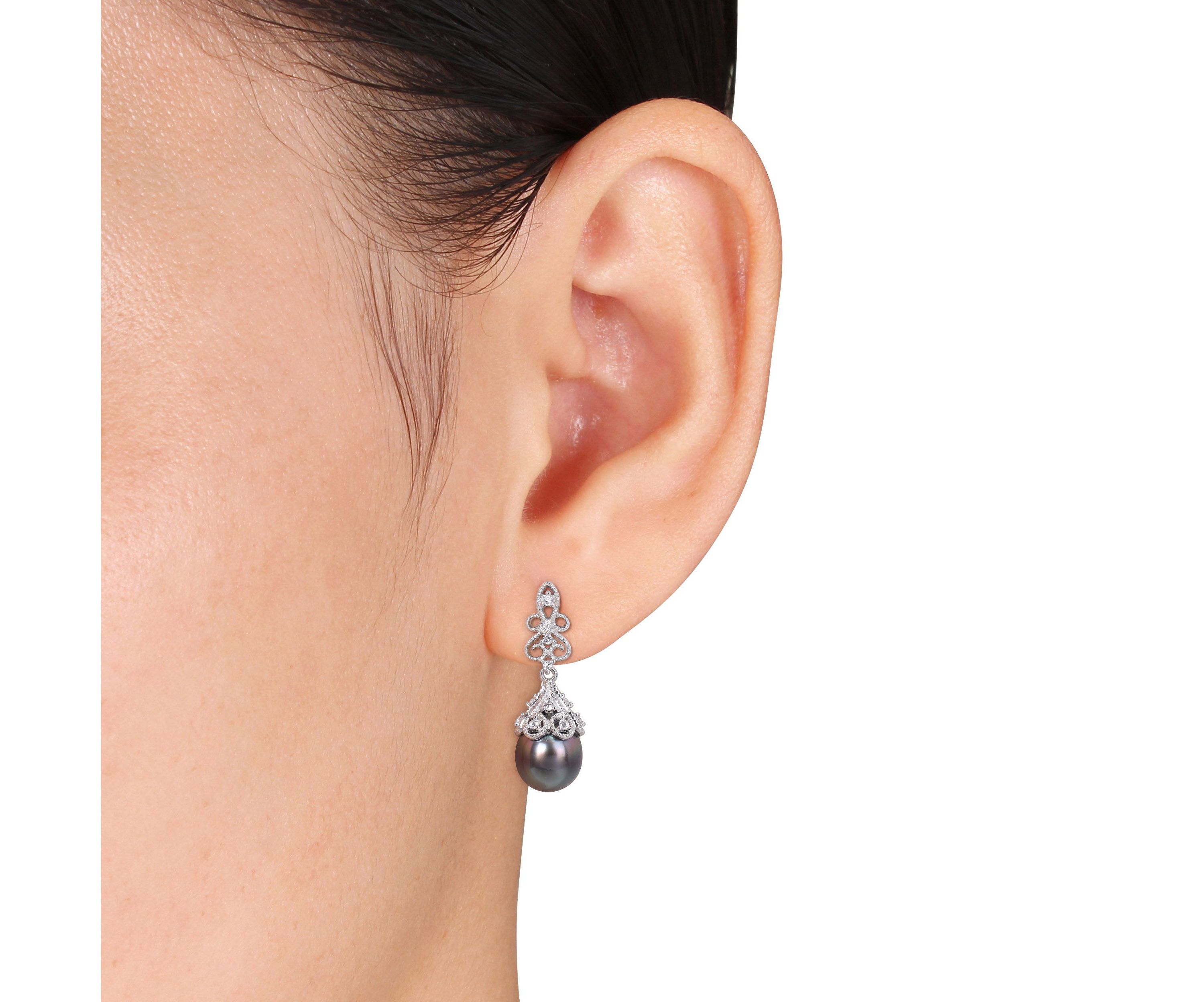 Black Tahitian Cultured Pearl and White Topaz Post Earrings in Sterling Silver
