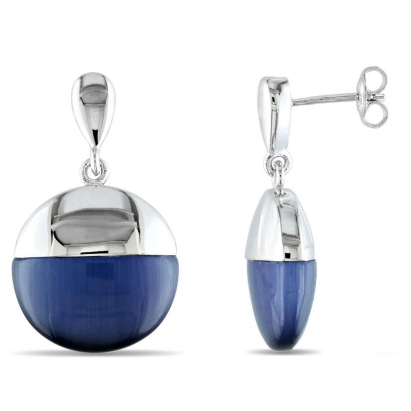 Simulated Blue Cat Eye Dangle Earrings in Sterling Silver
