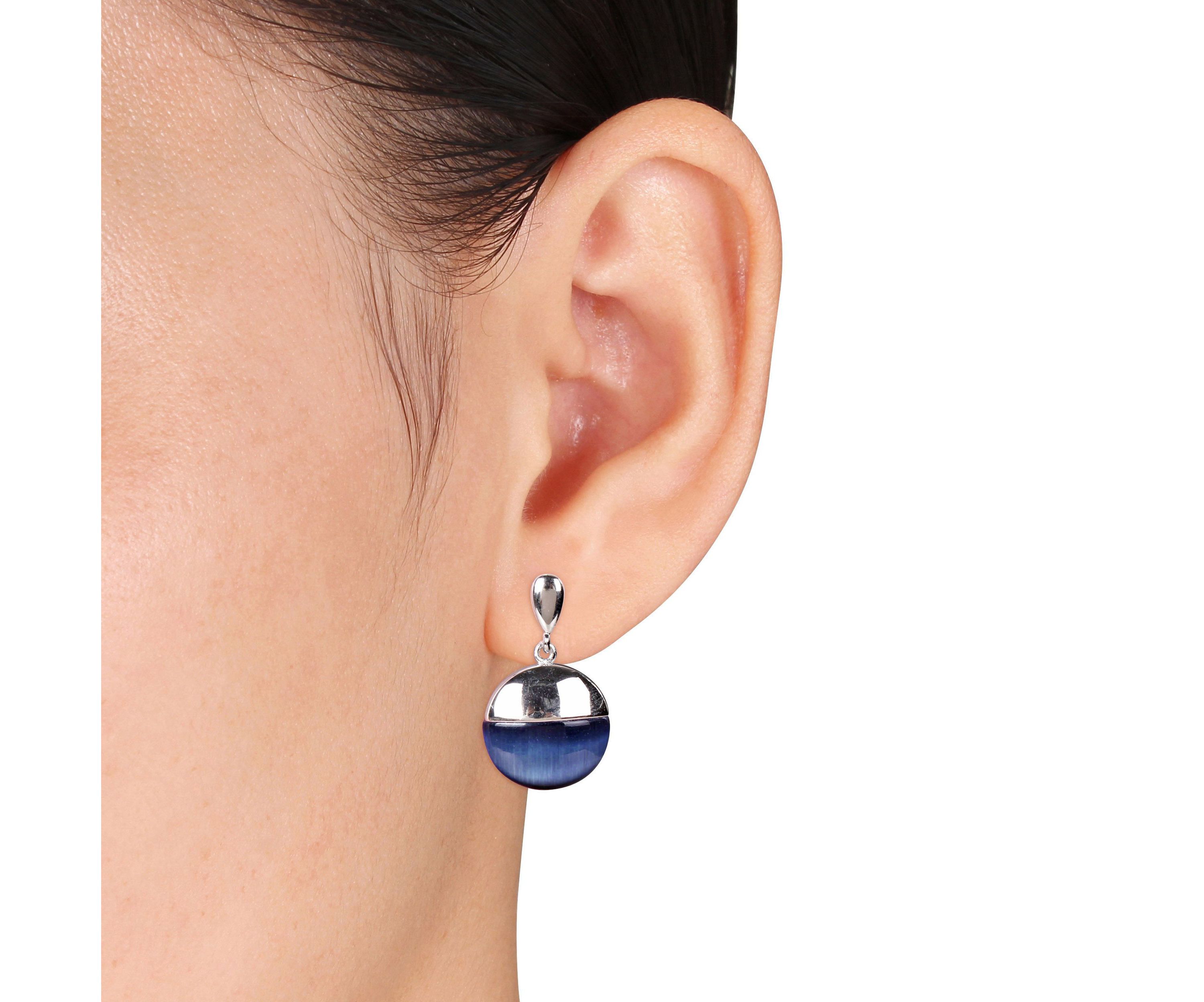Simulated Blue Cat Eye Dangle Earrings in Sterling Silver
