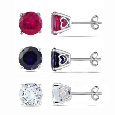 Belk & Co Lab Created 3 Piece Set of Ruby and Multi-Color Sapphire Stud Earrings in Sterling Silver, White