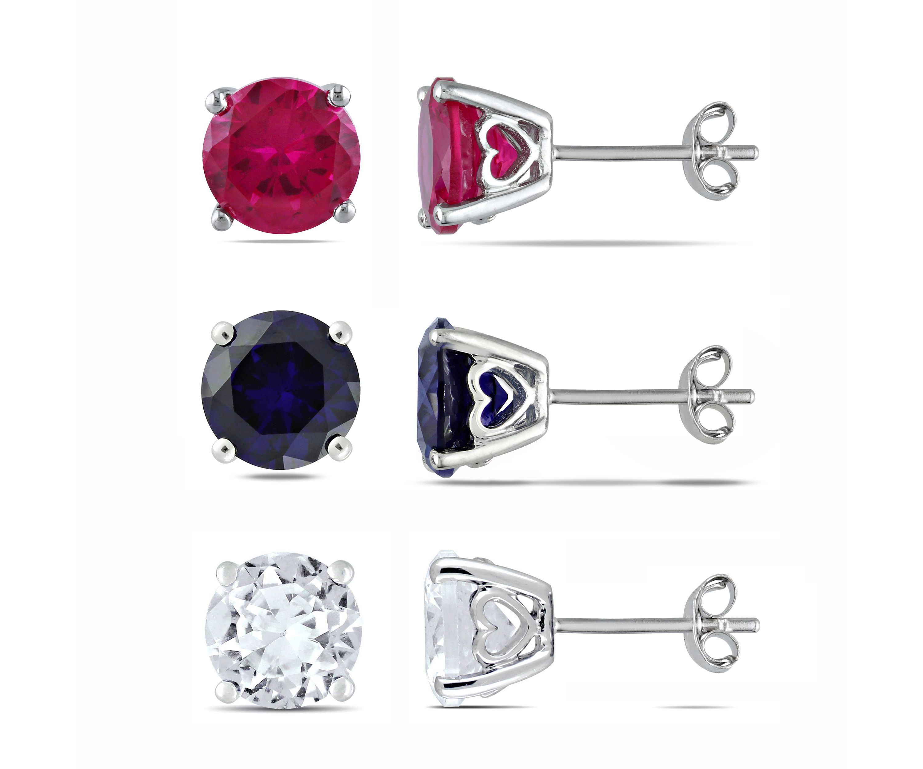 Lab Created 3 Piece Set of Created Ruby and Created Multi-Color Sapphire Stud Earrings in Sterling Silver