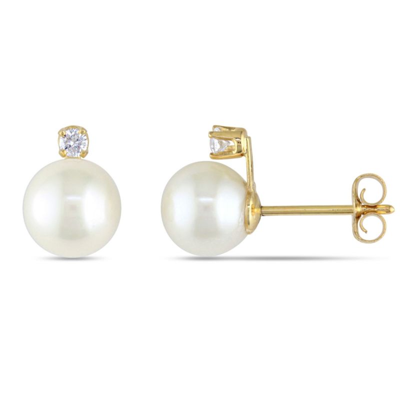 Freshwater Cultured Pearl and Diamond Accent Earrings in 14K Gold Yellow