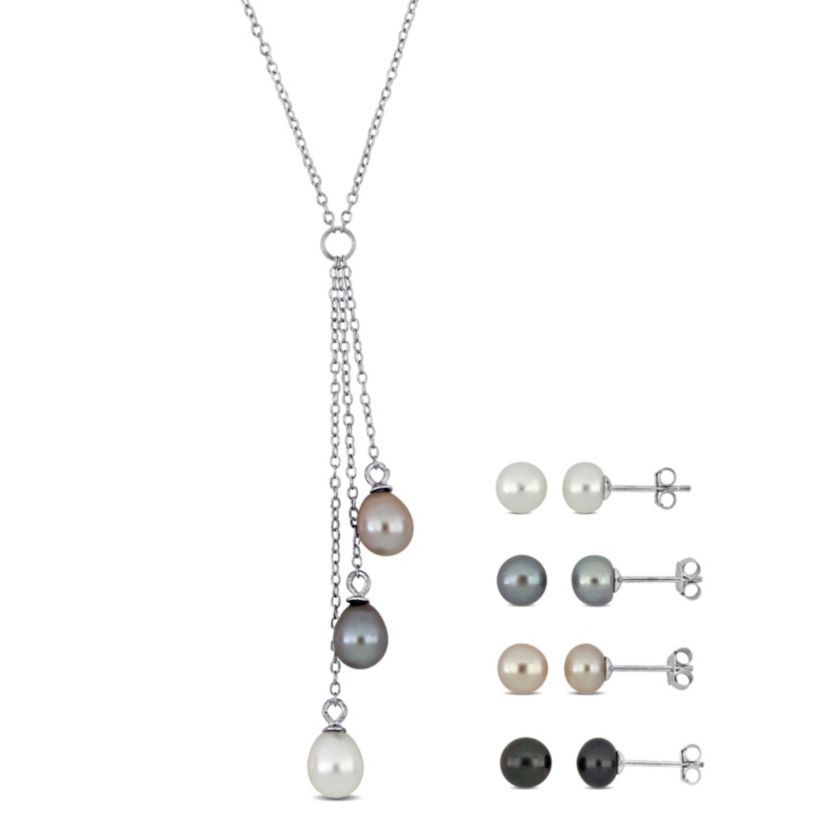 5 Piece Set of 6-6.5mm Multi-Color Freshwater Cultured Pearl Necklace and Earrings in Sterling Silver
