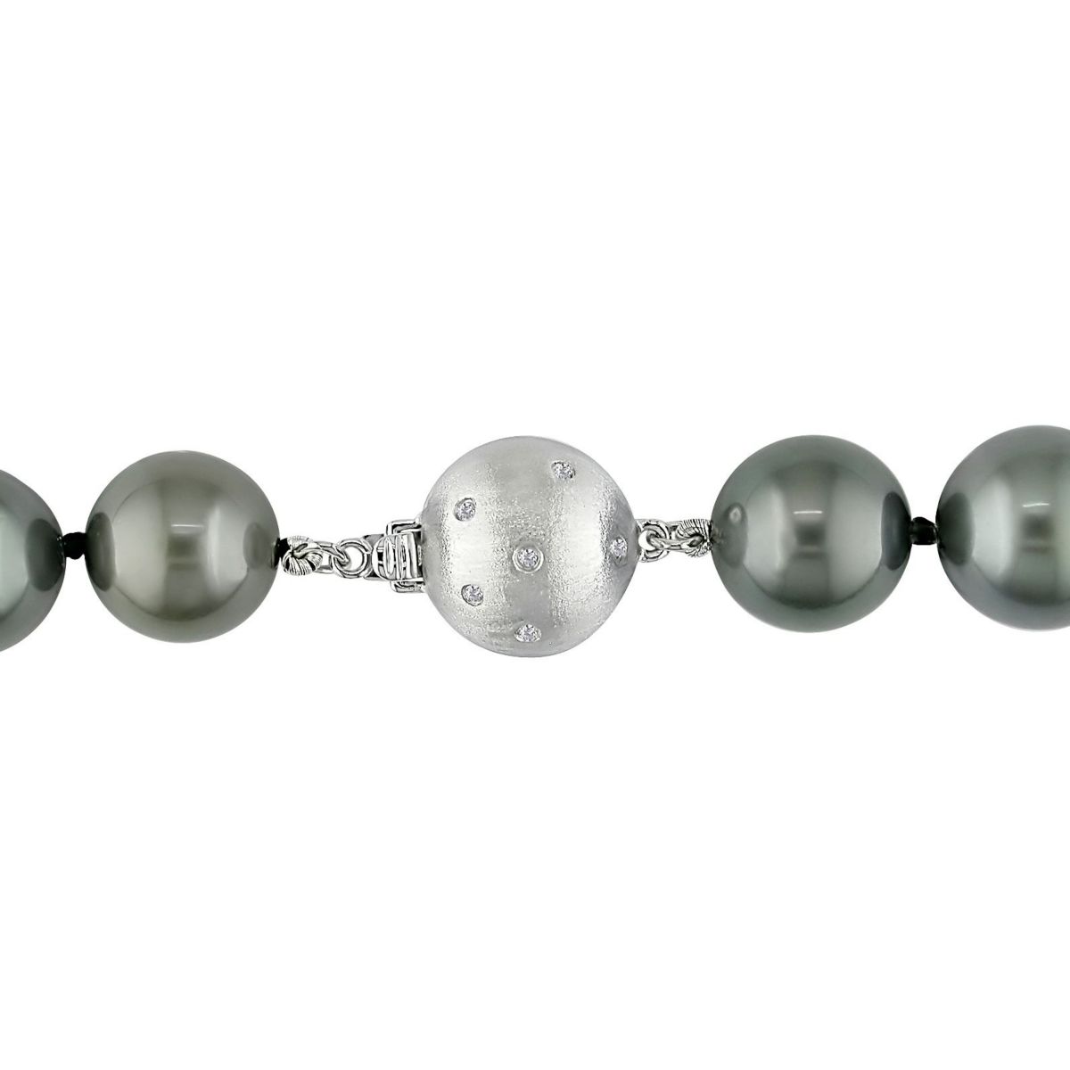 Black Tahitian Cultured Pearl and Diamond Ball Clasp Necklace with 14K White Gold Clasp