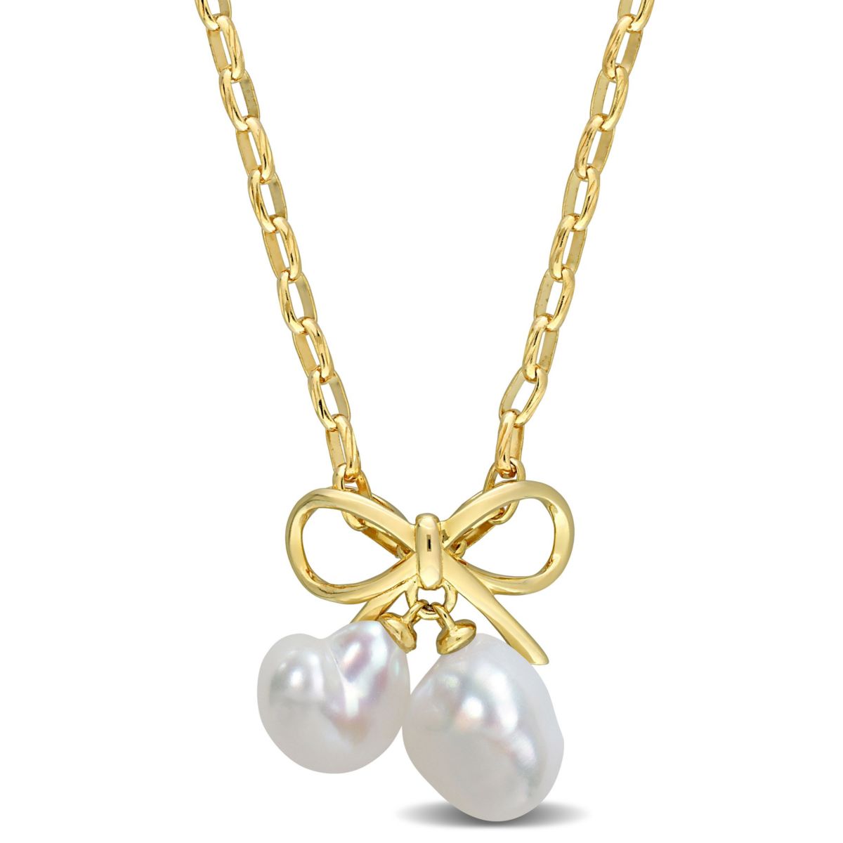 Freshwater Cultured Pearl Bow Pendant with Chain in Yellow Plated Sterling Silver
