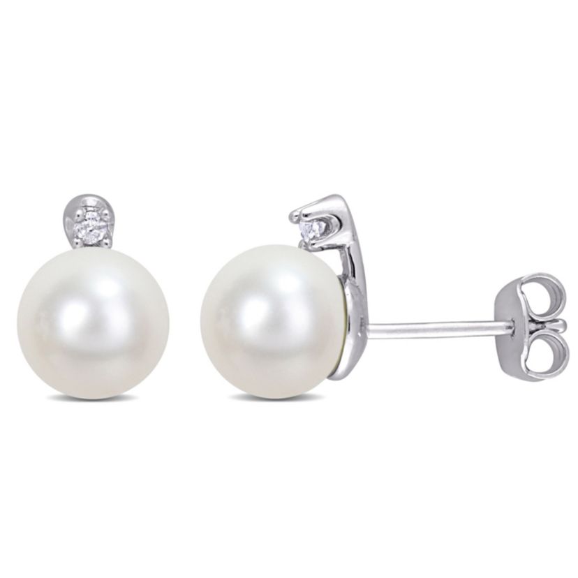 Freshwater Cultured Pearl and Diamond Accent Post Earrings in Sterling Silver