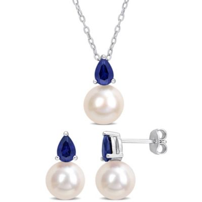 Belk & Co Lab Created 2 Piece Set of 8.5-9mm Freshwater Cultured Pearl and 2 ct. t.g.w. Blue Sapphire Pendant and Earrings in Sterling Silver, White