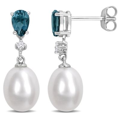 Belk & Co Pink Freshwater Cultured Pearl and London-Blue Topaz with Diamond Accent Drop Earrings in 10K White Gold