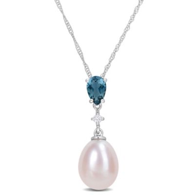 Belk & Co Pink Freshwater Cultured Pearl and London-Blue Topaz with 1/10 ct. t.w. Diamond Drop Pendant with Chain in 10K White Gold