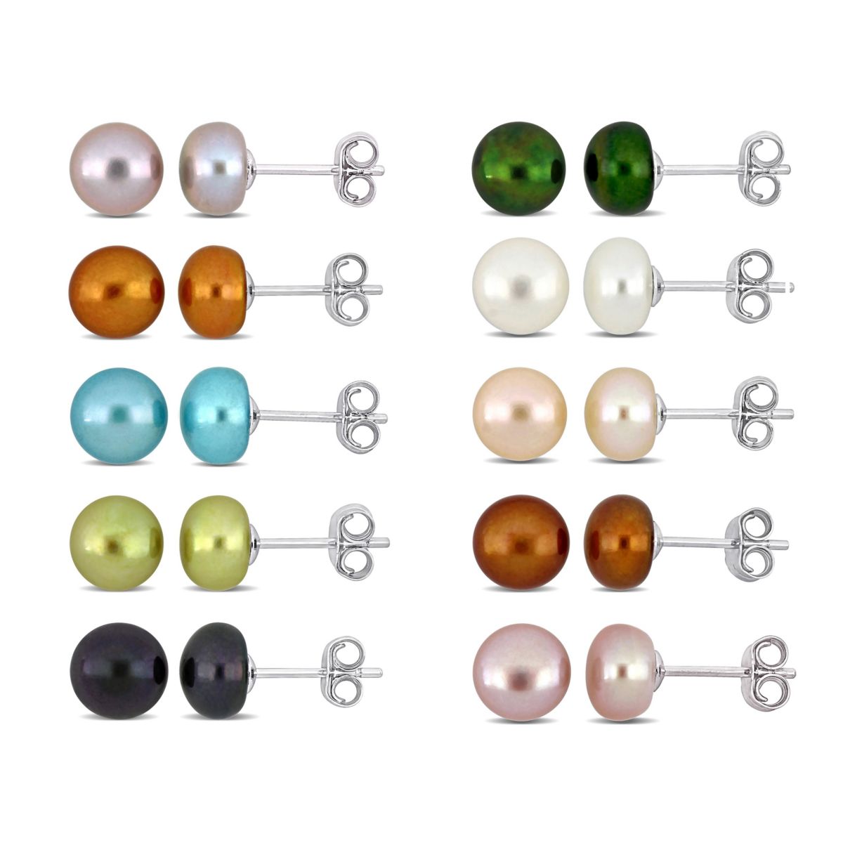 10 Pairs Set of Multi-Color Freshwater Cultured Pearl Stud Earrings in Sterling Silver
