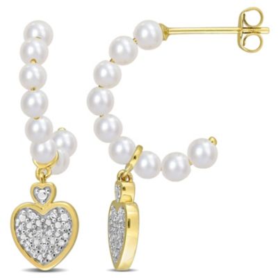 Belk & Co Freshwater Cultured Pearl and Diamond Accent Post Earrings in 10K Yellow Gold