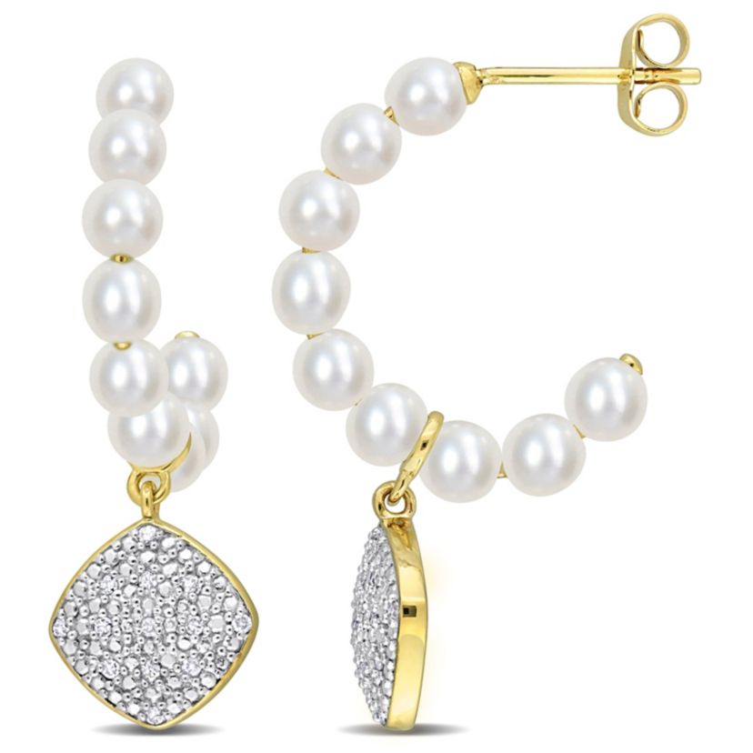 Freshwater Cultured Pearl and 1/10 ct. t.w. Diamond Post Earrings in 10K Yellow Gold
