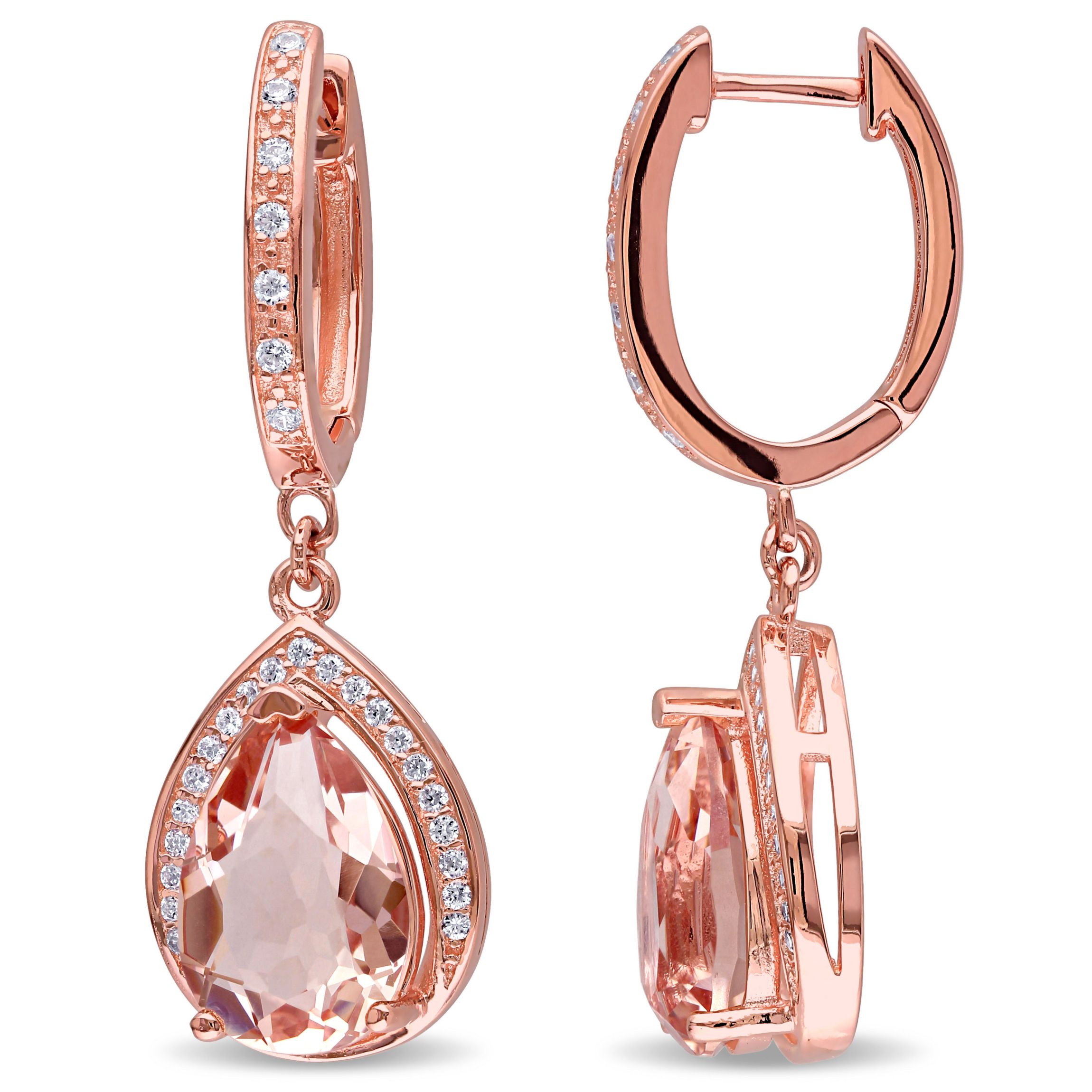 Simulated Morganite and Cubic Zirconia Halo Drop Earrings in Rose Plated Silver