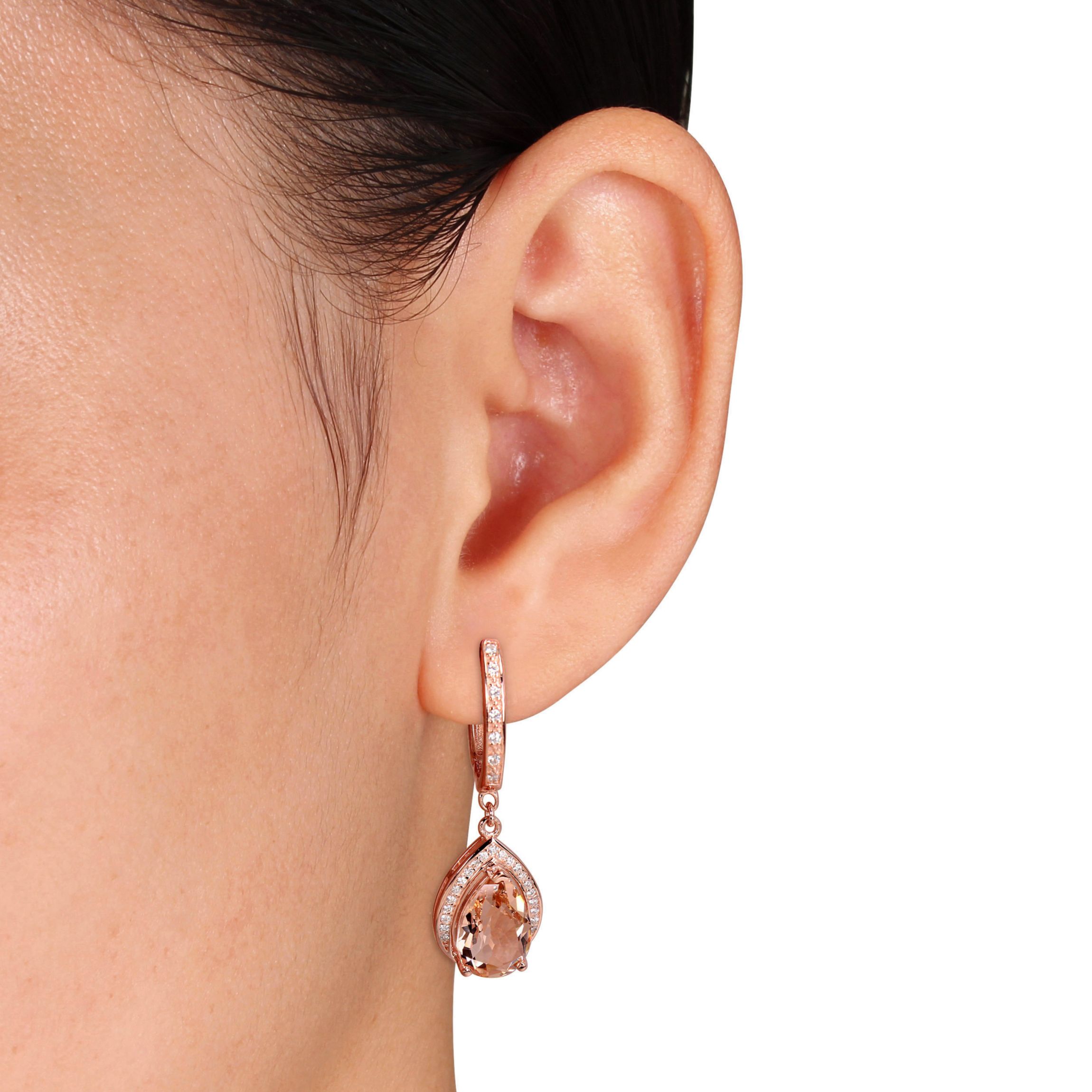 Simulated Morganite and Cubic Zirconia Halo Drop Earrings in Rose Plated Silver