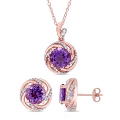 Belk & Co 2 Piece Set of Diamond & Amethyst & White Topaz Earrings & Pendant With Chain in Rose Plated Sterling Silver, 18", Pink