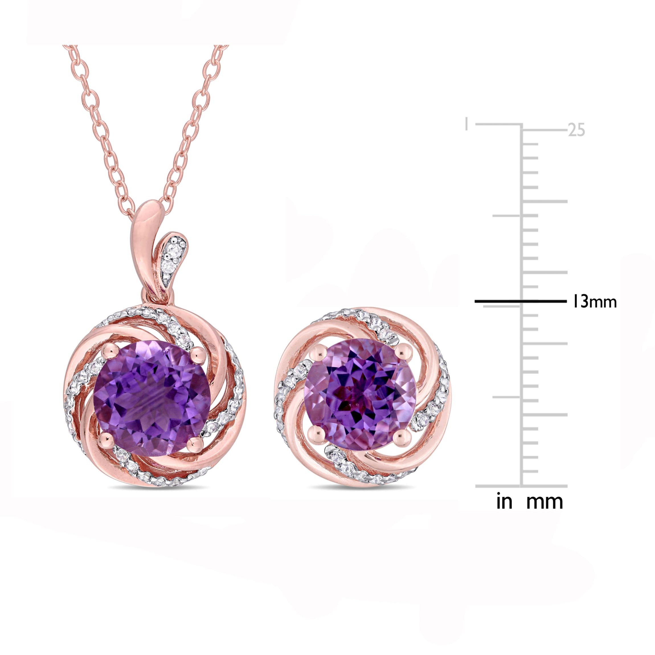 2 Piece Set of Diamond & Amethyst & White Topaz Earrings & Pendant With Chain in Rose Plated Sterling Silver, 18"
