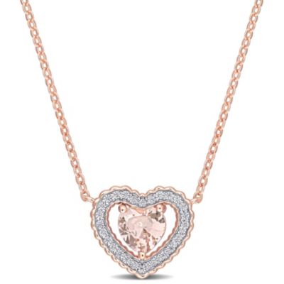 Haylee Jewels Simulated Morganite and Cubic Zirconia Heart Necklace Rose Plated Sterling Silver, 18", Pink, 8.25 in