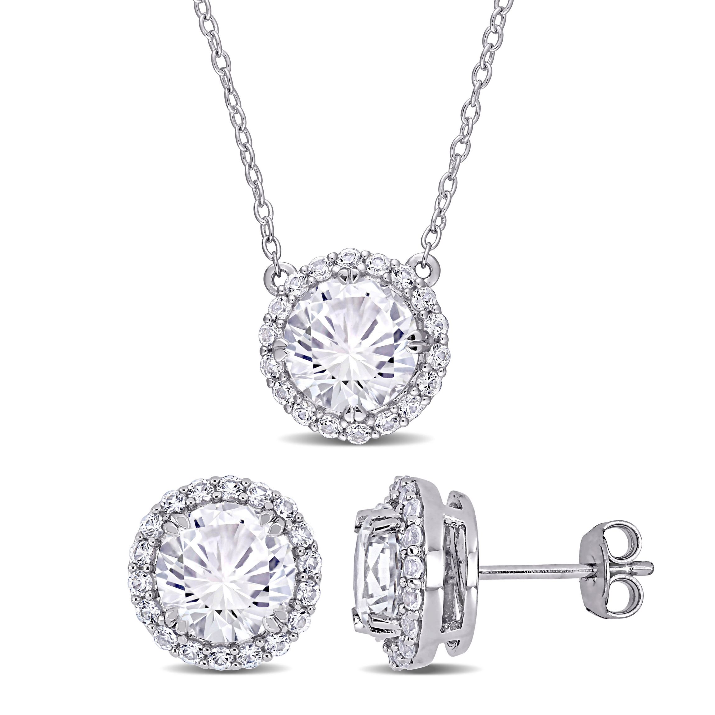 Lab Created 2-Pc Set of Created White Sapphire Halo Earrings and Pendant with Chain in Sterling Silver