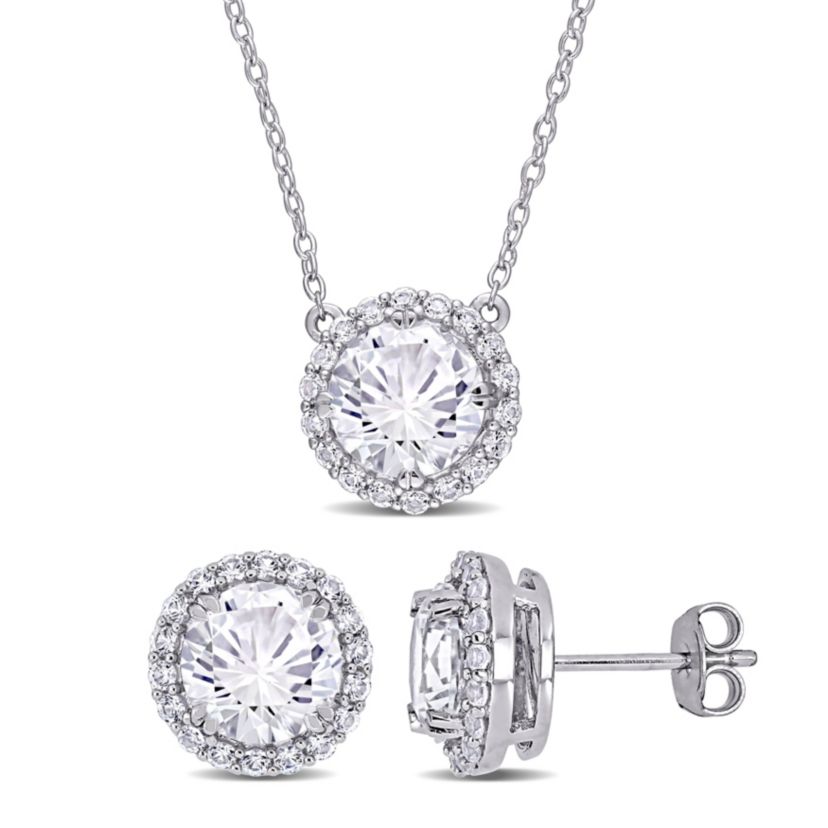 Lab Created 2-Pc Set of Created White Sapphire Halo Earrings and Pendant with Chain in Sterling Silver