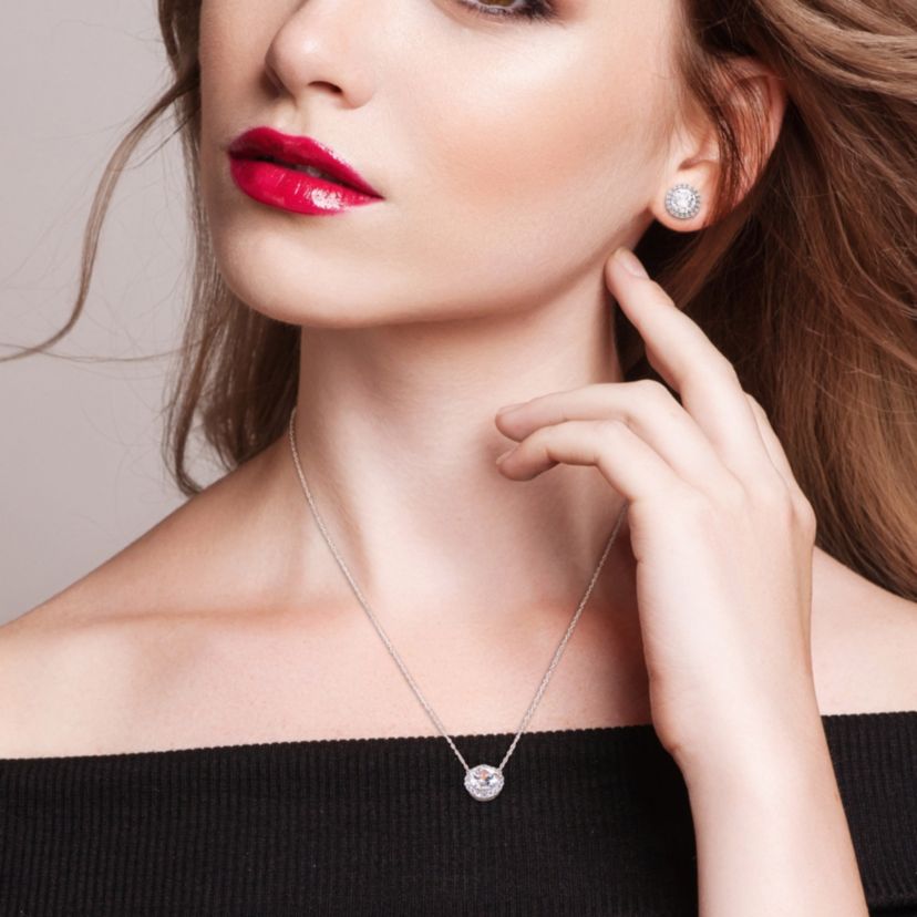 Lab Created 2-Pc Set of Created White Sapphire Halo Earrings and Pendant with Chain in Sterling Silver