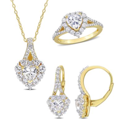 Belk & Co Lab Created 3-Piece Set of White Sapphire Fashion Ring, Earrings & Pendant With Chain in Yellow Plated Sterling Silver