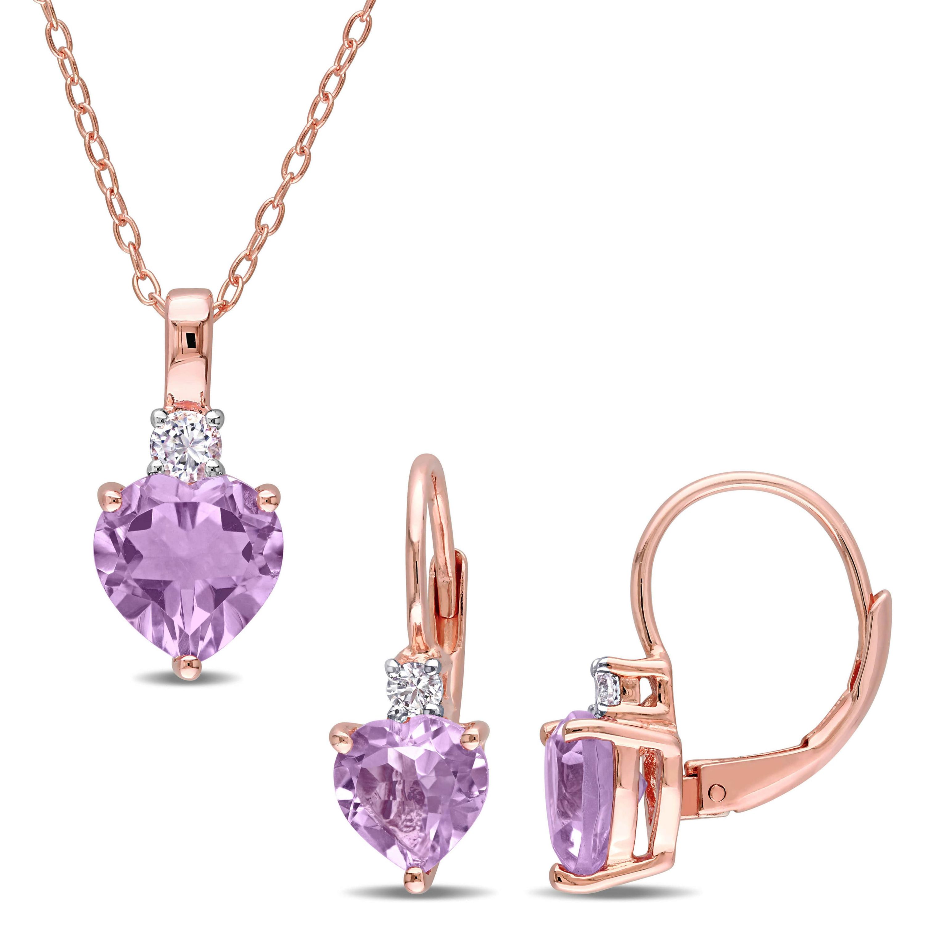 Lab Created 2-Pc Set of Rose de France & Created White Sapphire Heart Earrings & Pendant with Chain in Rose Plated Sterling Silver