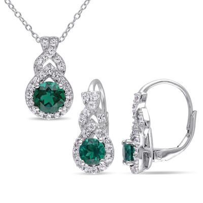 Belk & Co Lab Created 2-Pc Set of Emerald & White Sapphire Halo Twisted Earrings & Pendant with Chain in Sterling Silver