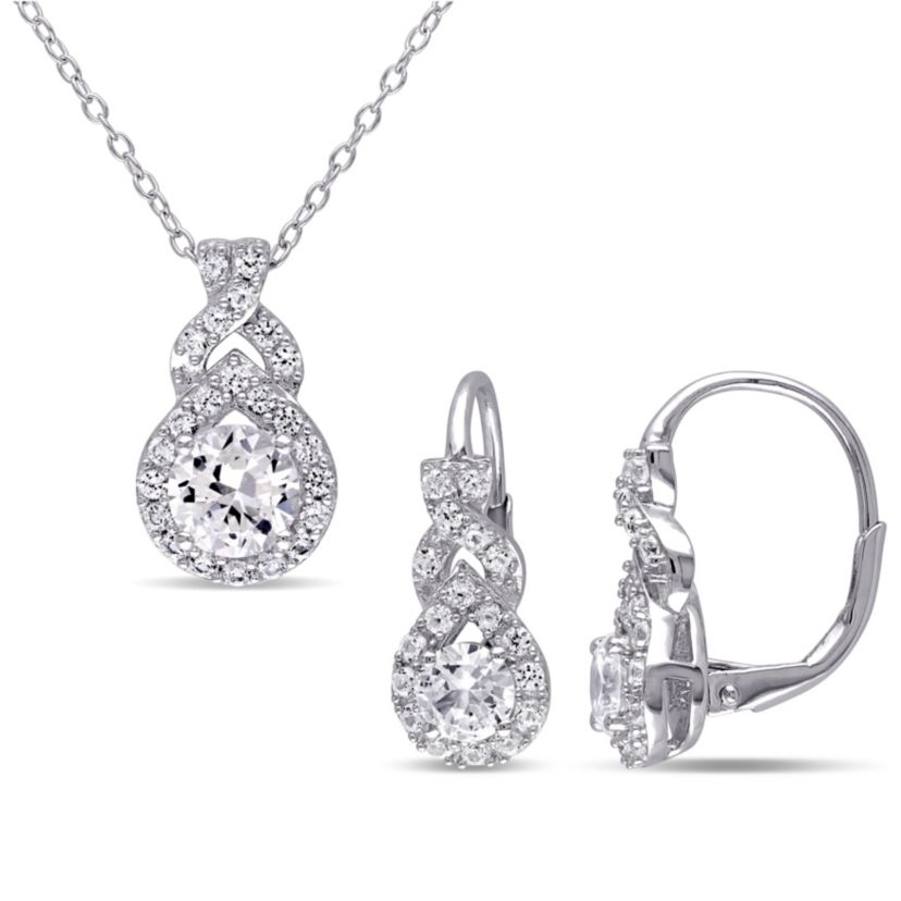 Lab Created 2-Pc Set of Created White Sapphire Twisted Halo Earrings and Pendant with Chain in Sterling Silver