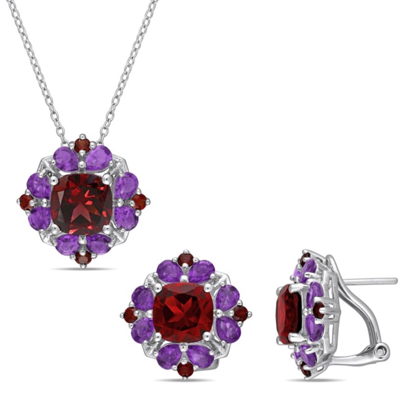 2-Pc Set of Garnet & Amethyst-Africa Cluster Earrings & Pendant with Chain in Sterling Silver
