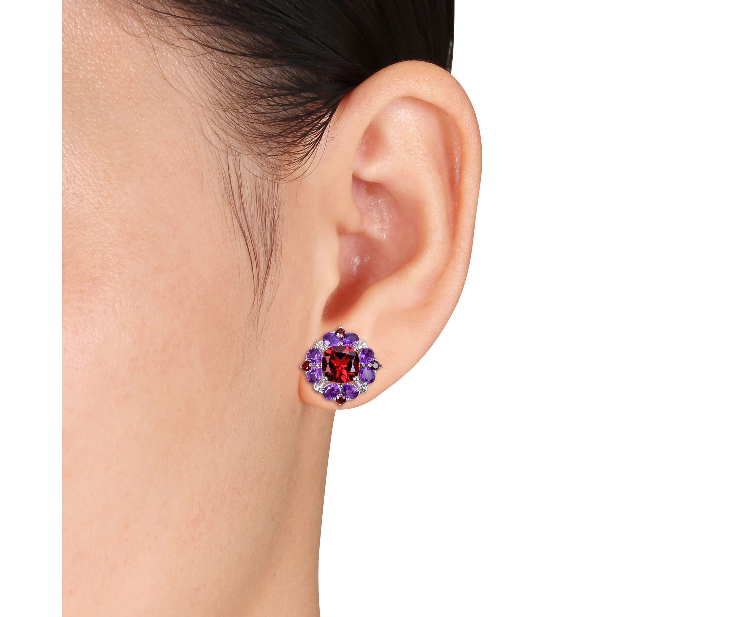 2-Pc Set of Garnet & Amethyst-Africa Cluster Earrings & Pendant with Chain in Sterling Silver