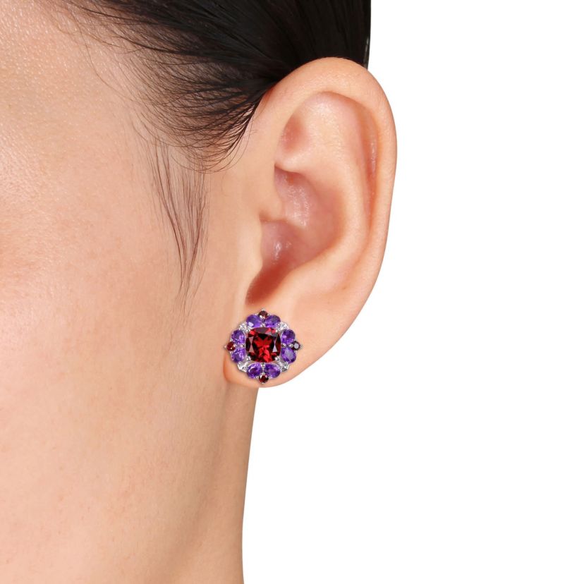2-Pc Set of Garnet & Amethyst-Africa Cluster Earrings & Pendant with Chain in Sterling Silver