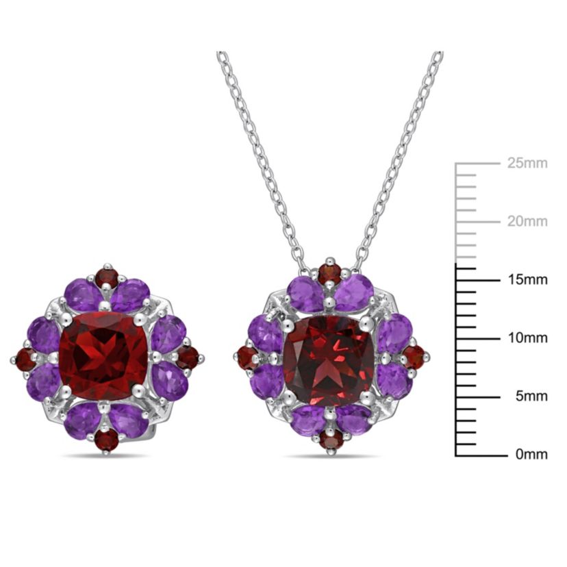 2-Pc Set of Garnet & Amethyst-Africa Cluster Earrings & Pendant with Chain in Sterling Silver