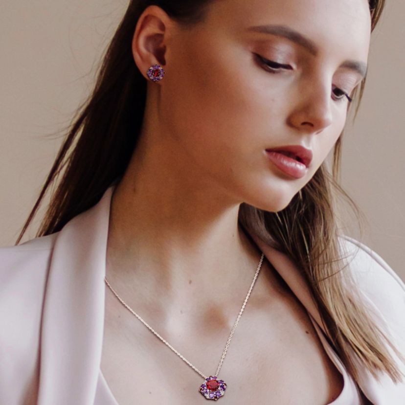 2-Pc Set of Garnet & Amethyst-Africa Cluster Earrings & Pendant with Chain in Sterling Silver