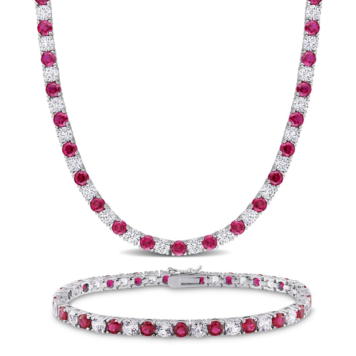 Lab Created 2-Pc Set of Created Ruby and White Sapphire Tennis Bracelet and Necklace in Sterling Silver