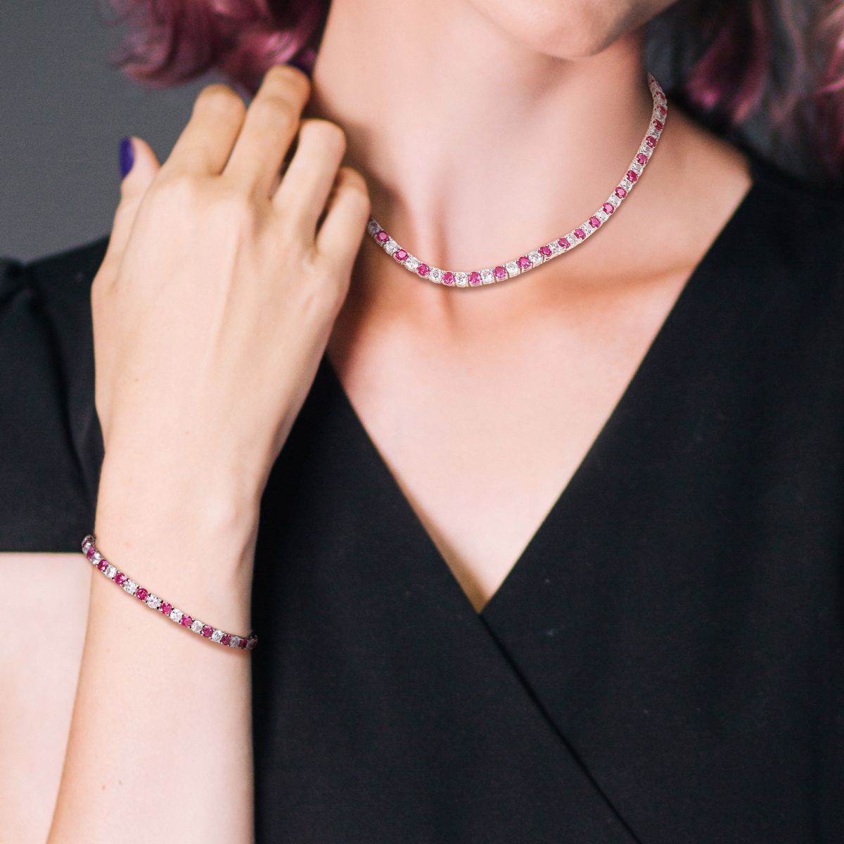 Lab Created 2-Pc Set of Created Ruby and White Sapphire Tennis Bracelet and Necklace in Sterling Silver