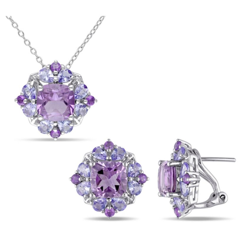 2-Pc Set of Amethyst & Tanzanite Cluster Earrings & Pendant with Chain in Sterling Silver